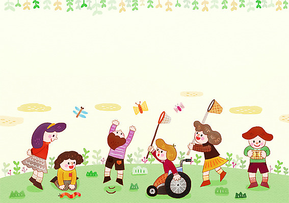 전신 PSD 여자 남자 어린이 다수 나비 곤충 일러스트 함께함 사람 여러명 야외 친구 점프 도움 잠자리 장애인 수집 휠체어 곤충채집 채집망 지렁이 어린이만 국내일러스트 동물 컨셉 관계 모션 장애 파일형식