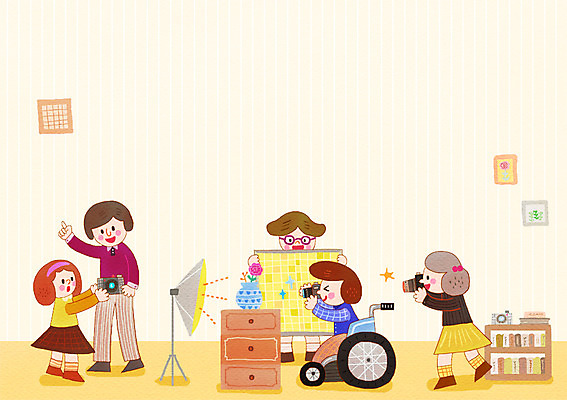 PSD 여자 남자 어린이 다수 일러스트 조명 함께함 실내 사람 여러명 성인 친구 카메라 꽃병 사진촬영 촬영 교사 도움 장애인 휠체어 기념사진 반사판 국내일러스트 직업 꽃 컨셉 관계 내부 전자제품 장애 파일형식