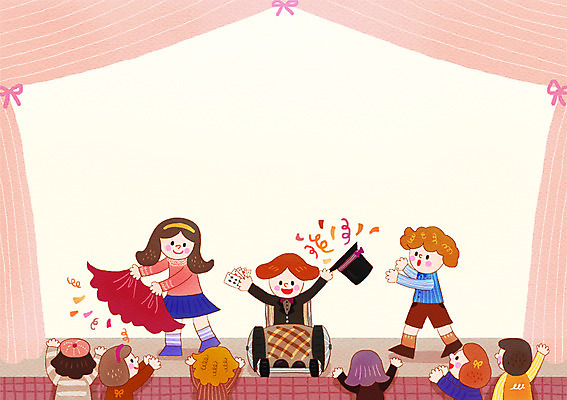 PSD 모자 여자 남자 리본 어린이 다수 일러스트 함께함 실내 사람 여러명 친구 기쁨 마술 무대 마술사 도움 장애인 박수 휠체어 쇼 마술쇼 어린이만 국내일러스트 잡화 감정 컨셉 관계 손짓 내부 장애 파일형식