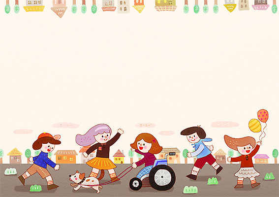 전신 PSD 여자 남자 어린이 다수 일러스트 거리 함께함 사람 여러명 야외 친구 산책 도움 개 장애인 휠체어 풍선 어린이만 국내일러스트 컨셉 포유류 관계 휴식 장애 파일형식