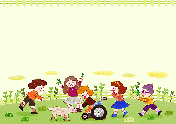 PSD 동물 여자 남자 어린이 다수 일러스트 염소 함께함 사람 여러명 야외 친구 목장 도움 먹이 장애인 휠체어 어린이만 국내일러스트 컨셉 포유류 관계 장애 파일형식