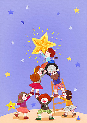 PSD 여자 남자 별 어린이 다수 일러스트 사다리 협력 함께함 미소 사람 여러명 친구 우주 도움 장애인 휠체어 어린이만 국내일러스트 자연요소 컨셉 관계 표정 도구 장애 파일형식