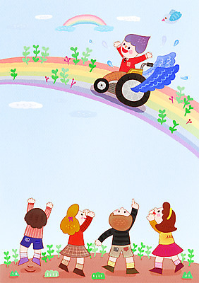 PSD 여자 남자 어린이 다수 무지개 날개 일러스트 조류 하늘 함께함 사람 여러명 야외 친구 점프 기쁨 도움 장애인 휠체어 어린이만 국내일러스트 자연요소 동물 감정 컨셉 관계 모션 장애 파일형식