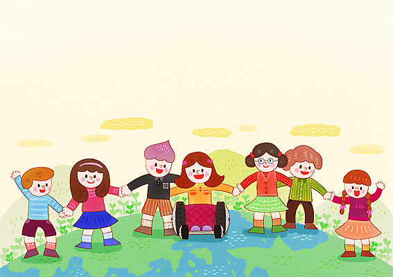 전신 PSD 여자 남자 지구 어린이 다수 일러스트 함께함 서기 미소 사람 앉기 여러명 친구 지구본 손잡기 도움 장애인 휠체어 지구촌 어린이만 국내일러스트 컨셉 관계 모션 표정 장애 파일형식