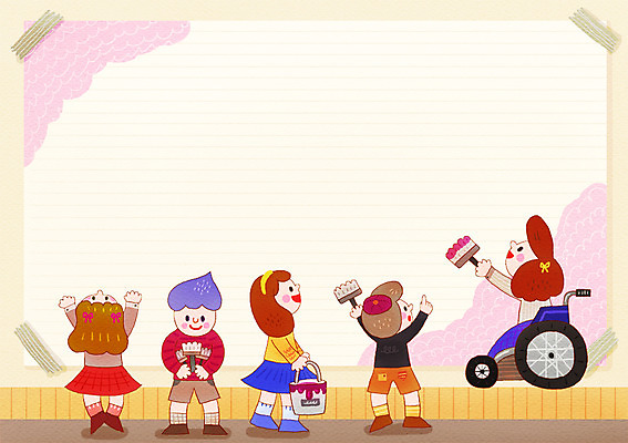 PSD 여자 남자 어린이 벽 다수 일러스트 함께함 서기 사람 앉기 여러명 친구 페인트 붓 도움 그리기 장애인 휠체어 그림 어린이만 국내일러스트 컨셉 관계 모션 장애 파일형식