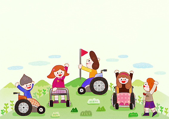 PSD 여자 남자 어린이 다수 일러스트 산 함께함 미소 사람 여러명 야외 친구 등산 기쁨 깃발 우승 도움 정상 장애인 휠체어 어린이만 국내일러스트 감정 컨셉 관계 표정 트래킹 최고 장애 파일형식