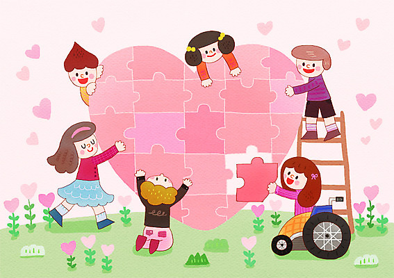 PSD 여자 남자 어린이 다수 일러스트 사다리 협력 함께함 사랑 사람 여러명 야외 친구 하트 도움 퍼즐 장애인 휠체어 어린이만 국내일러스트 모양 감정 컨셉 관계 도구 장애 파일형식