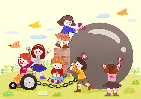 PSD 여자 남자 어린이 다수 일러스트 조류 함께함 사람 여러명 야외 친구 자유 도움 망치 쇠사슬 장애인 자르기 휠체어 어린이만 국내일러스트 동물 컨셉 관계 모션 공구 장애 파일형식