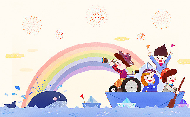 PSD 모자 여자 남자 어린이 여행 다수 무지개 일러스트 함께함 항해 폭죽 사람 여러명 상반신 야외 친구 도전 도움 장애인 고래 노 휠체어 종이배 선원 선장 어린이만 국내일러스트 자연요소 잡화 컨셉 배_교통 포유류 관계 수중동물 종이접기 장애 선박 파일형식