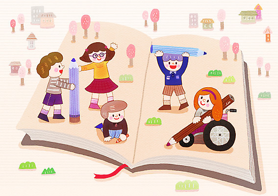 PSD 나무 여자 남자 어린이 다수 일러스트 함께함 미소 여러명 야외 책 친구 연필 도움 장애인 휠체어 어린이만 국내일러스트 식물 컨셉 관계 학용품 표정 사람 필기구 장애 파일형식