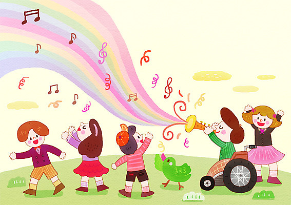 PSD 여자 남자 어린이 음악 다수 무지개 연주 음표 일러스트 노래 조류 함께함 여러명 야외 친구 도움 장애인 나팔 휠체어 어린이만 국내일러스트 자연요소 동물 기호 악기 컨셉 관계 문화예술 사람 장애 파일형식