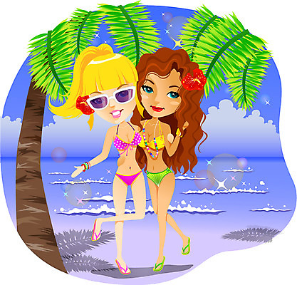 전신 여자 수영복 일러스트 사람 성인 해변 야외 두명 친구 비키니 섹시 활발 자신감 여자만 성인여자만 성인만 국내일러스트 AI파일 옷 감정 바다 컨셉 관계 파일형식 벡터