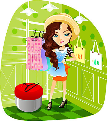 전신 모자 긴머리 원피스 여자 패션 가방 일러스트 실내 한명 서기 사람 성인 쇼핑 활발 자신감 옷걸이 옷가게 여자만 여자한명만 성인여자만 성인만 국내일러스트 AI파일 1 헤어스타일 잡화 옷 감정 컨셉 모션 내부 상점 파일형식 벡터