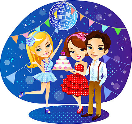 전신 여자 남자 일러스트 실내 서기 사람 성인 세명 친구 파티 케이크 활발 축하 자신감 클럽 미러볼 성년의날 성인만 국내일러스트 AI파일 기념일 감정 컨셉 관계 모션 디저트 이벤트 내부 장식 파일형식 벡터