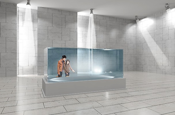 PSD 편집이미지 응시 여자 남자 조명 실내 사람 상반신 성인 두명 옆모습 3D 전시 디지털합성 합성 전시실 성인만 이미지편집 편집3D 시선 뷰포인트 내부 전시회 파일형식