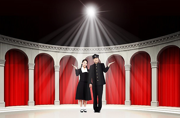 전신 PSD 편집이미지 학생 여학생 교복 남학생 청소년 조명 실내 서기 사람 두명 앞모습 10대 3D 손잡기 무대 커튼 사회자 디지털합성 복고 합성 진행 십대만 이미지편집 편집3D 직업 옷 여자 남자 뷰포인트 모션 내부 파일형식