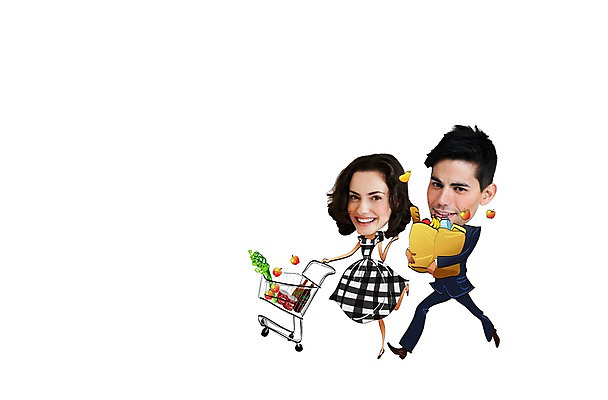 PSD 서양인 외국인 편집이미지 캐릭터 원피스 여자 남자 과일 포토일러 미소 사람 정장 성인 두명 쇼핑 장보기 종이봉투 카트 당기기 합성 인물미니어처 광고편집 SD캐릭터 성인만 이미지편집 옷 모션 봉투 표정 인종 미니어처 파일형식