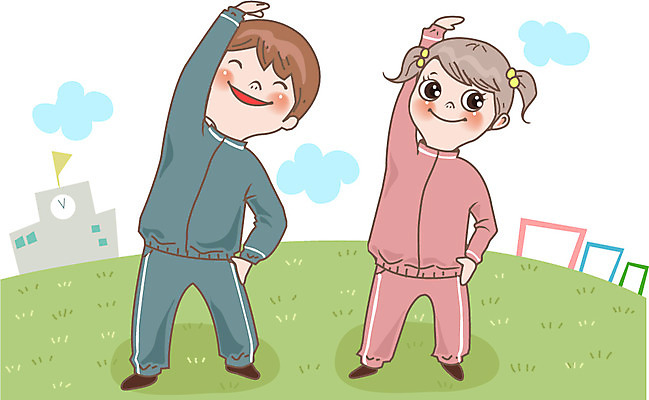 여자 어린이교육 교육 남자 어린이 일러스트 사람 잔디 두명 운동 스트레칭 체조 어린이만 국내일러스트 AI파일 식물 건강 파일형식 벡터