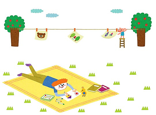 PSD 어린이교육 교육 남자 어린이 줄 엎드리기 일러스트 미술 한명 사람 잔디 그리기 즐거움 돗자리 빨래집게 남자만 남자한명만 어린이만 소년만 소년한명만 국내일러스트 식물 1 감정 모션 문화예술 집게 파일형식