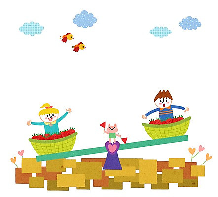 PSD 여자 어린이교육 교육 남자 어린이 일러스트 딸기 사람 두명 바구니 무게 즐거움 시소 어린이만 국내일러스트 감정 과일 놀이기구 파일형식