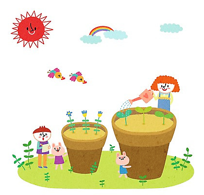 PSD 여자 어린이교육 교육 남자 화분 어린이 일러스트 사람 두명 새싹 즐거움 물주기 원예 어린이만 국내일러스트 식물 감정 모션 취미 파일형식