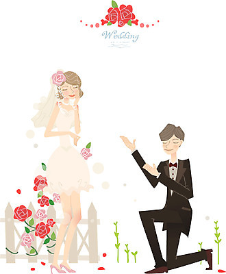 여자 남자 행복 신부 웨딩드레스 신랑 결혼 프로포즈 일러스트 사람 정장 턱시도 두명 장미 축하 무릎꿇기 국내일러스트 AI파일 드레스 옷 꽃 감정 컨셉 모션 이벤트 파일형식 벡터