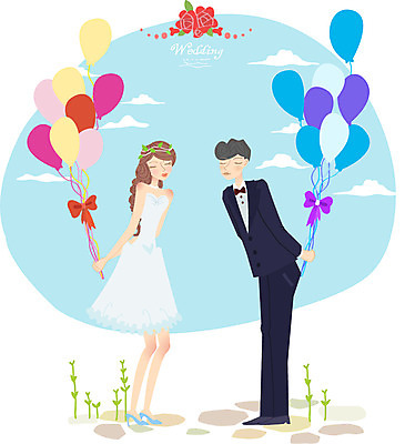 여자 남자 행복 신부 웨딩드레스 포즈 신랑 결혼 일러스트 들기 사람 정장 턱시도 두명 축하 풍선 국내일러스트 AI파일 드레스 옷 감정 컨셉 모션 이벤트 파일형식 벡터