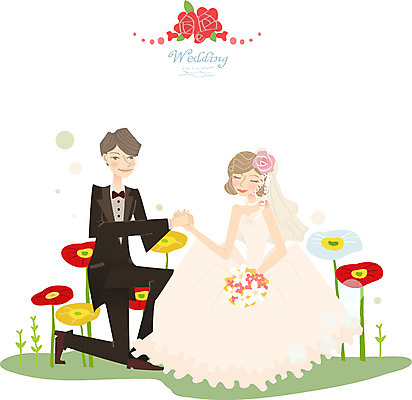 여자 남자 행복 신부 웨딩드레스 신랑 결혼 프로포즈 꽃밭 일러스트 사람 정장 턱시도 두명 축하 국내일러스트 AI파일 드레스 옷 꽃 감정 컨셉 이벤트 파일형식 벡터