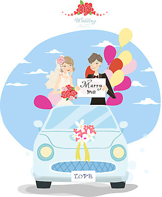 여자 남자 행복 신부 웨딩드레스 신랑 결혼 프로포즈 일러스트 자동차 사람 정장 턱시도 두명 축하 풍선 웨딩카 국내일러스트 AI파일 드레스 옷 감정 육상교통 컨셉 이벤트 파일형식 벡터