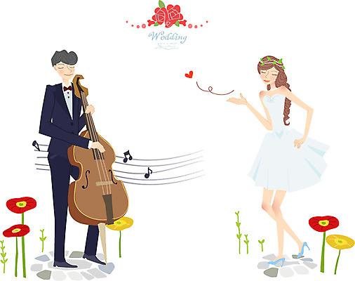 여자 남자 행복 신부 웨딩드레스 신랑 결혼 연주 일러스트 사람 정장 턱시도 두명 공연 축하 춤 콘트라베이스 국내일러스트 AI파일 드레스 옷 감정 음악 컨셉 현악기 문화예술 이벤트 파일형식 벡터