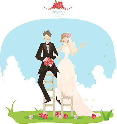 여자 남자 행복 신부 웨딩드레스 포즈 신랑 결혼 일러스트 사다리 사람 정장 턱시도 잔디 두명 축하 국내일러스트 AI파일 식물 드레스 옷 감정 컨셉 이벤트 도구 파일형식 벡터