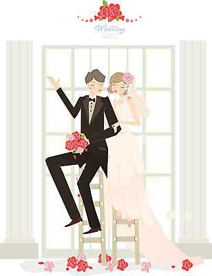 여자 남자 행복 신부 웨딩드레스 포즈 신랑 결혼 일러스트 사다리 창문 사람 정장 턱시도 두명 축하 국내일러스트 AI파일 드레스 옷 감정 컨셉 이벤트 도구 파일형식 벡터