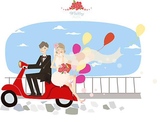 여자 남자 행복 신부 웨딩드레스 신랑 결혼 일러스트 사람 정장 턱시도 두명 스쿠터 오토바이 축하 풍선 국내일러스트 AI파일 드레스 옷 감정 컨셉 이벤트 바이크 파일형식 벡터