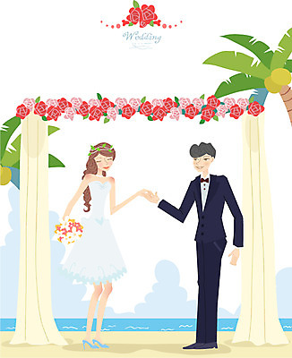 여자 남자 행복 신부 웨딩드레스 신랑 결혼 일러스트 사람 정장 턱시도 해변 두명 축하 국내일러스트 AI파일 드레스 옷 감정 바다 컨셉 이벤트 파일형식 벡터