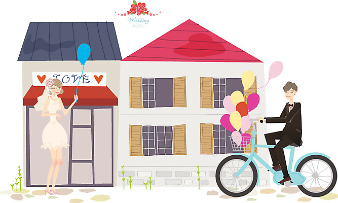 여자 남자 행복 신부 웨딩드레스 신랑 결혼 일러스트 주택 사람 정장 턱시도 두명 자전거 축하 풍선 국내일러스트 AI파일 드레스 옷 감정 컨셉 이벤트 건물 바이크 파일형식 벡터