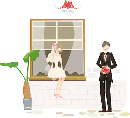 여자 남자 행복 화분 신부 웨딩드레스 신랑 결혼 일러스트 창문 사람 정장 턱시도 두명 축하 국내일러스트 AI파일 드레스 옷 감정 컨셉 이벤트 파일형식 벡터