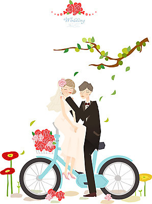 여자 남자 행복 신부 웨딩드레스 신랑 결혼 일러스트 사람 정장 턱시도 두명 자전거 축하 스킨십 국내일러스트 AI파일 드레스 옷 감정 컨셉 이벤트 바이크 파일형식 벡터