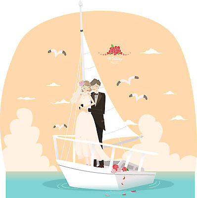 여자 남자 행복 신부 바다 웨딩드레스 신랑 결혼 요트 일러스트 사람 정장 턱시도 두명 축하 국내일러스트 AI파일 드레스 옷 감정 컨셉 배_교통 이벤트 파일형식 벡터