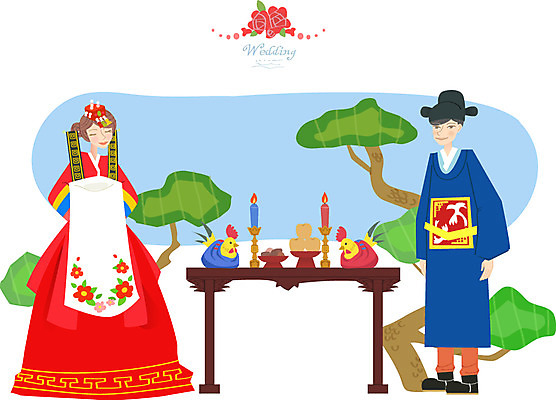 여자 남자 행복 신부 신랑 결혼 일러스트 초 탁자 결혼식 사람 성인 두명 축하 닭 한복 전통혼례 성인만 국내일러스트 AI파일 한국전통 감정 가구 컨셉 조류 이벤트 전통의상 전통의례 파일형식 벡터