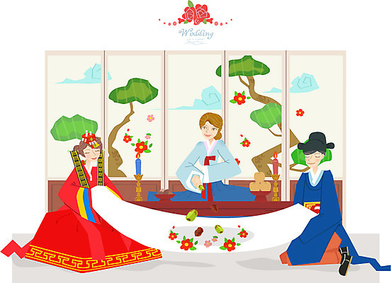 여자 남자 행복 신부 신랑 결혼 일러스트 사람 세명 축하 한복 전통혼례 대추 폐백 국내일러스트 AI파일 한국전통 감정 컨셉 이벤트 전통의상 전통의례 파일형식 벡터
