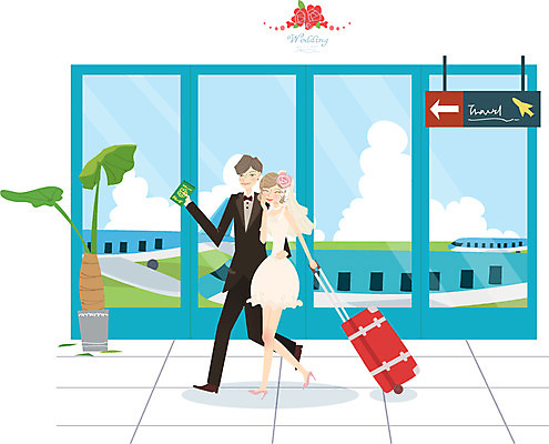 여자 남자 행복 신부 웨딩드레스 신랑 결혼 일러스트 비행기 사람 정장 턱시도 두명 캐리어 신혼여행 축하 공항 국내일러스트 AI파일 드레스 옷 감정 컨셉 항공교통 교통시설 대중교통 이벤트 여행가방 파일형식 벡터