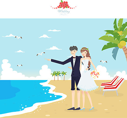 여자 남자 행복 신부 웨딩드레스 신랑 결혼 일러스트 사람 정장 턱시도 해변 두명 축하 국내일러스트 AI파일 드레스 옷 감정 바다 컨셉 이벤트 파일형식 벡터