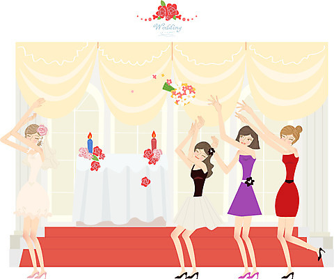 여자 남자 행복 신부 부케 웨딩드레스 결혼 일러스트 사람 여러명 친구 축하 국내일러스트 AI파일 드레스 감정 꽃다발 다수 컨셉 관계 이벤트 파일형식 벡터