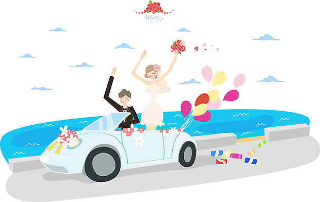 여자 남자 행복 신부 웨딩드레스 신랑 결혼 일러스트 사람 정장 턱시도 해변 두명 축하 캔 오픈카 풍선 웨딩카 국내일러스트 AI파일 드레스 옷 감정 바다 컨셉 승용차 자동차 이벤트 파일형식 벡터