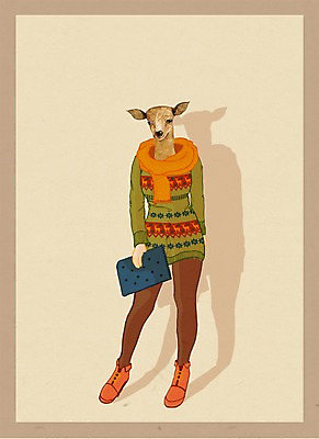 전신 PSD 동물 옷 여자 패션 일러스트 사슴 의인화 한명 서기 사람 목도리 핸드백 특별함 여자만 여자한명만 국내일러스트 1 잡화 컨셉 가방 포유류 모션 파일형식