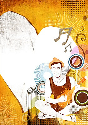 PSD 남자 악기 백그라운드 연주 무늬 음표 일러스트 프레임 한명 사람 성인 물방울무늬 하트 원형 우쿨렐레 즐거움 팝아트 남자만 남자한명만 성인남자만 성인만 국내일러스트 모양 도형 1 기호 감정 음악 현악기 그림 파일형식