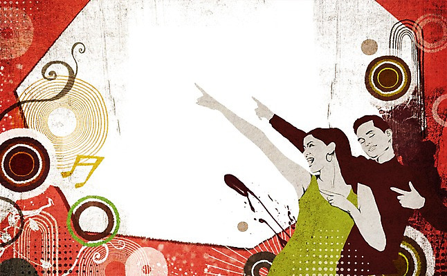 PSD 여자 남자 음악 백그라운드 음표 일러스트 프레임 사람 상반신 성인 두명 가리킴 춤 원형 디스코 팝아트 성인만 국내일러스트 도형 기호 문화예술 손짓 그림 파일형식