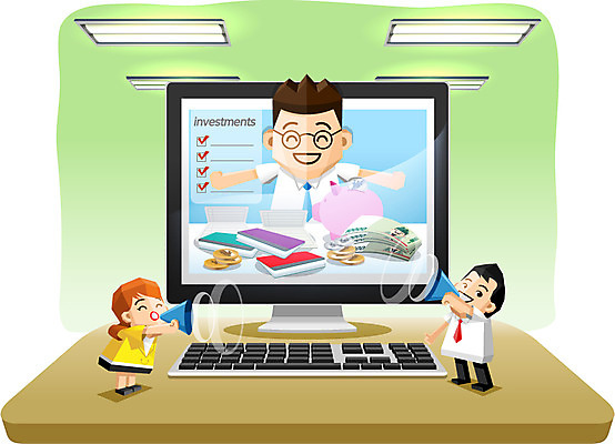 여자 남자 돈 일러스트 조명 사람 성인 세명 컴퓨터 확성기 저금통 스마트 책상 통장 온라인 편리함 펀드매니저 성인만 금융의날 국내일러스트 AI파일 직업 가구 컨셉 금융 전자제품 저축 재산 펀드 파일형식 벡터 법정기념일