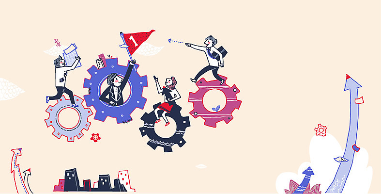 전신 여자 남자 화살표 일러스트 비즈니스 협력 함께함 사람 여러명 상반신 성인 건물 기계 깃발 도움 비즈니스맨 비즈니스우먼 톱니바퀴 순환 성인만 국내일러스트 AI파일 건축물 다수 컨셉 모션 직장인 파일형식 벡터