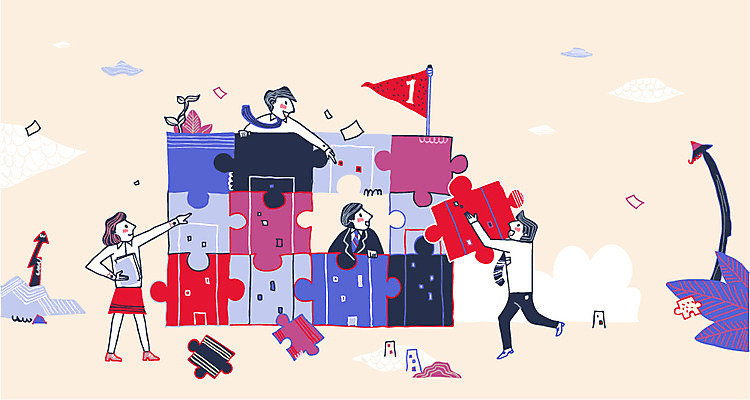 1 여자 남자 화살표 조각 일러스트 회사 비즈니스 협력 함께함 사람 여러명 성인 건물 깃발 도움 비즈니스맨 비즈니스우먼 퍼즐 성인만 국내일러스트 AI파일 건축물 다수 컨셉 직장인 파일형식 벡터